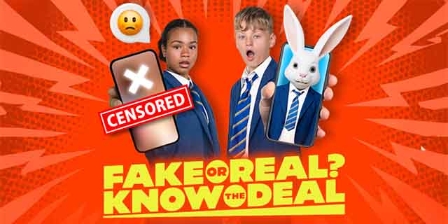  Essex Police campaign graphic with the text ‘Fake or Real? Know the Deal’ and ‘Deepfakes may be fake, but their effects are not’, featuring two people in school uniforms holding phones, one showing a censored sign and the other showing a cartoon rabbit.