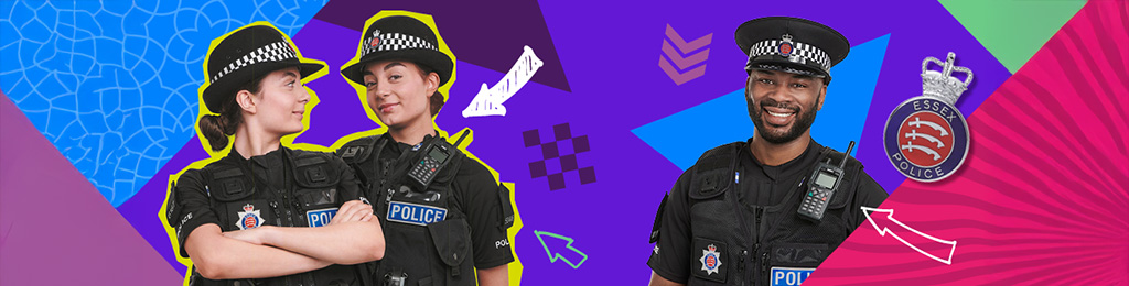 Three police officers wearing Essex Police uniform in front of a brightly coloured illustrated background
