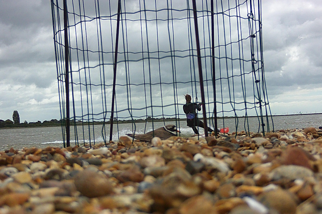 A windsurfer passes close by to a protected ringed plover’s nest on a shingle beach