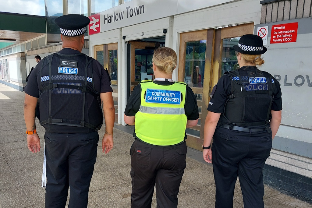 Two uniformed Essex Police officers and a Harlow Council community safety officer at Harlow Town rail station to talk to passengers and staff about how to spot and report signs of child exploitation