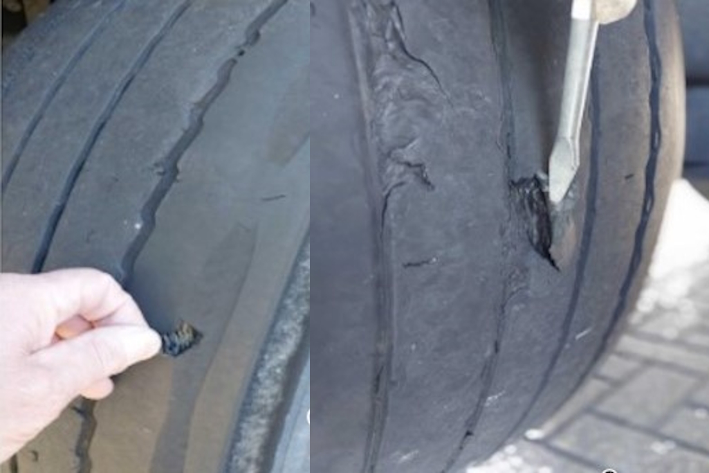 Defective tyre with holes in the rubber