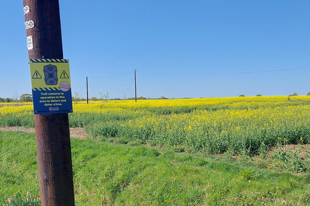 A blue and yellow sign showing a trail camera. The Essex Police sign states: Trail cameras in operation in this area to detect and deter crime