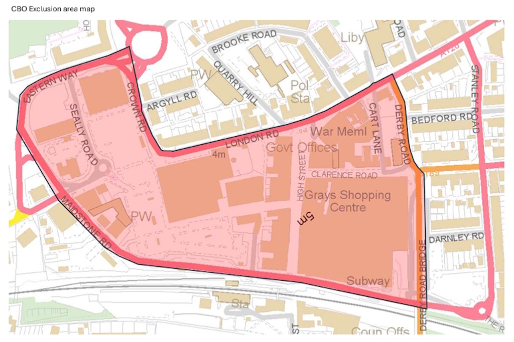 A map of Grays town centre showing it bordered by Orsett Road and London Road to the north, Derby Road and the B189 Sherfield Road to the east, Crown Road to the south and Maidstone Road and Eastern Way to the west