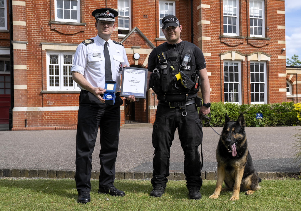 Chief Constable Ben-Julian Harrington with PC Martin Swain and PD Kaiser.