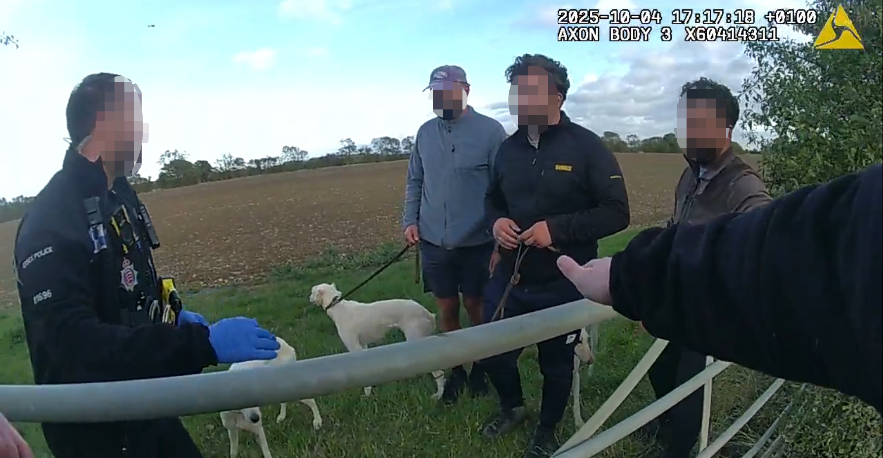 An image taken from an Essex Police officer's body-worn video camera showing rural engagement officers talking to three Aveley men who were suspected of hare coursing in Blackmore who were subsequently issued with three-year community protection notices banning them from certain activities associated with hare coursing. They had ignored a community protection warning issued just a fortnight previously. Breaching a CPN can lead to fines or criminal prosecution, as well as seizure and forfeiture of relevant property. 