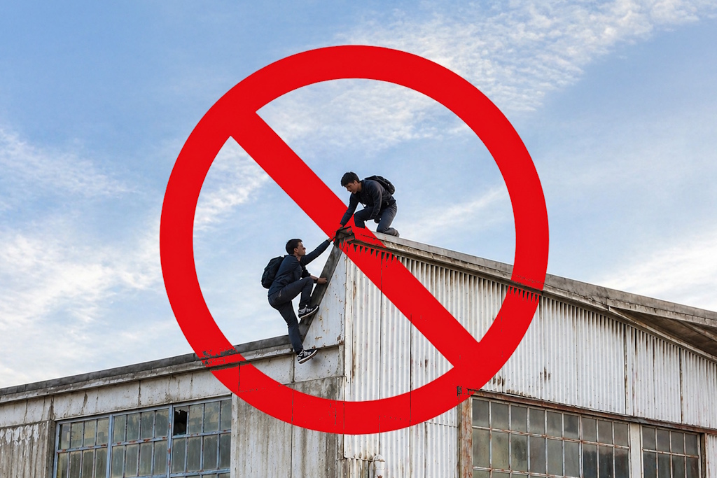 Two people atop an old factory building, silhouetted against the sky. Over this image is a red circle with a diagonal line through it
