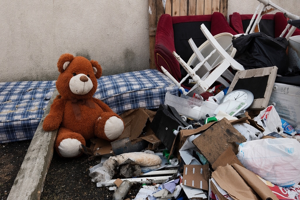 A pile of fly-tipped rubbish includes a mattress, two armchairs, two wooden chairs and seats. a clock and a giant teddy bear