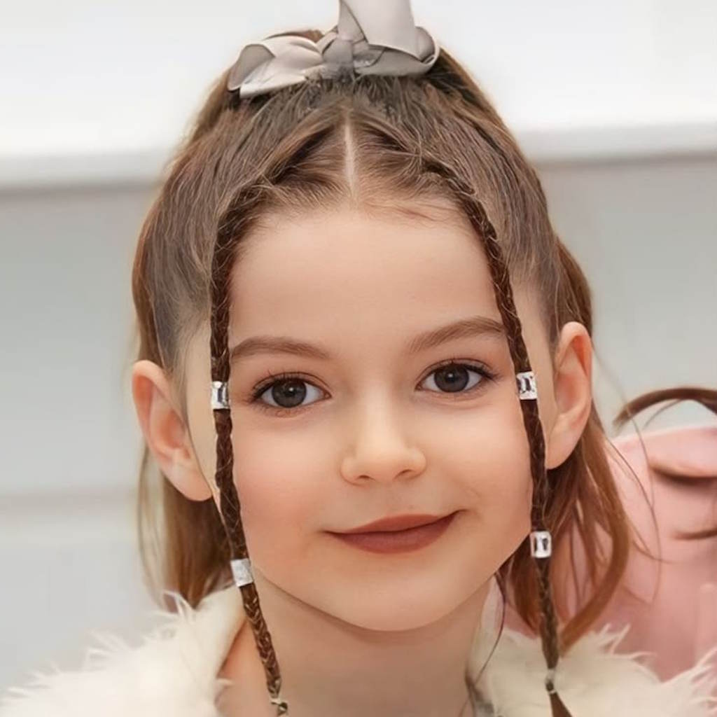 A young girl with braided hair smiles at the camera