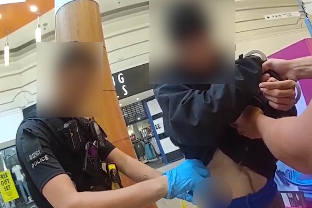 A police officer in uniform searching a person in a shopping centre