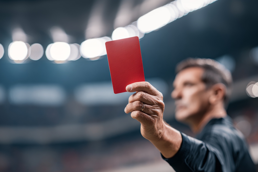 A football referee holds up a red card in a stadium