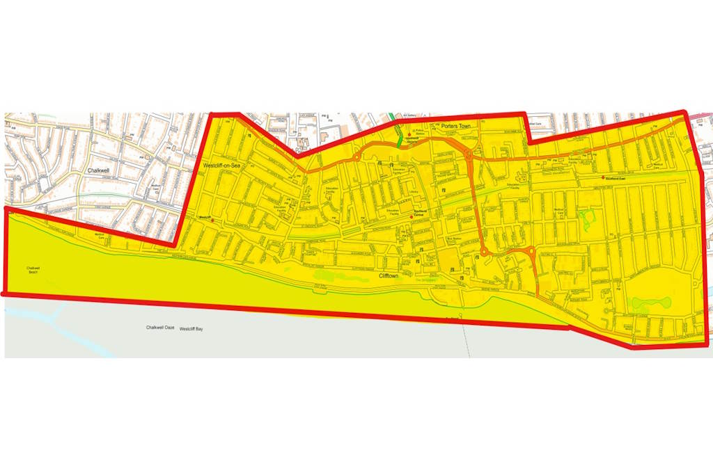 Map showing parts of Southend highlighted in yellow