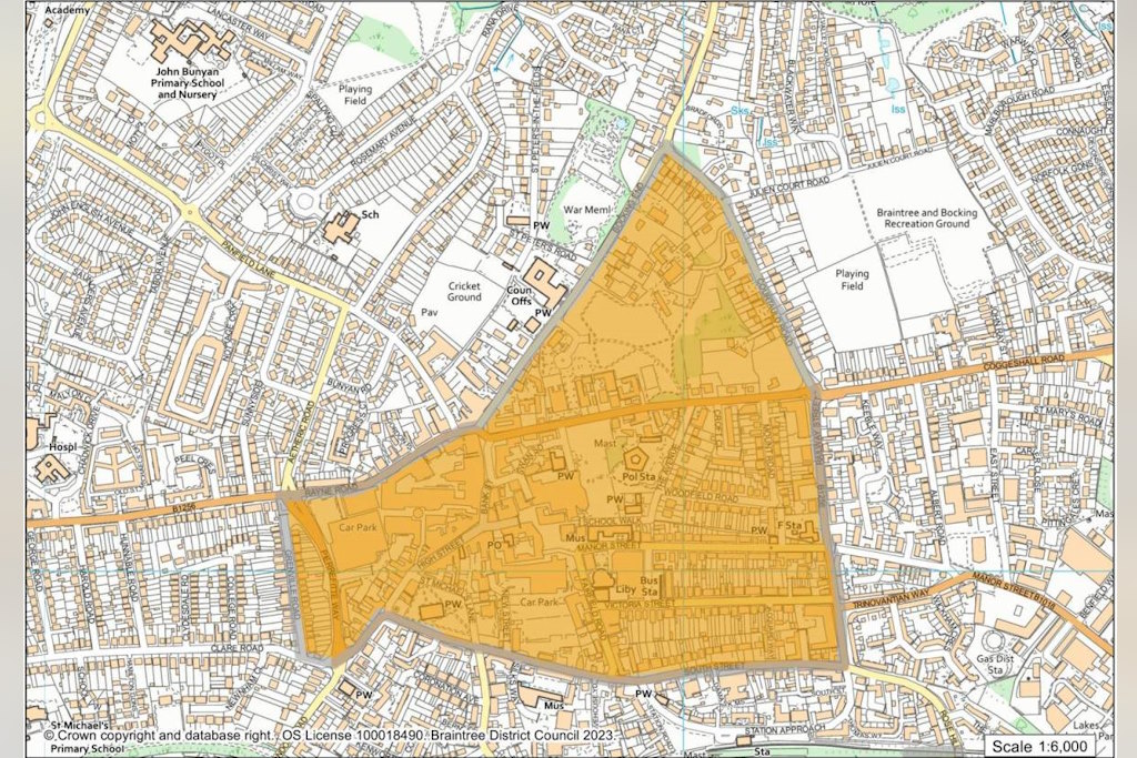 A map of Braintree in Essex, showing the area covered by the town centre public spaces protection order