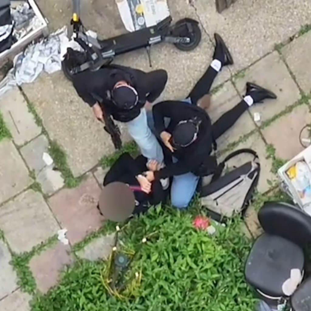 Two officers pictured from above holding a suspect to the ground